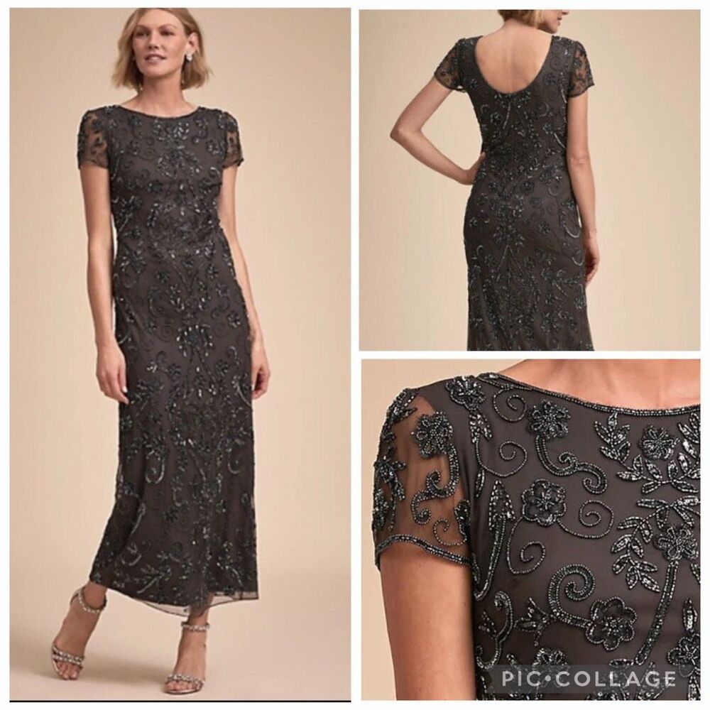 BHLDN charcoal grey mesh beaded Easton maxi gown dress size 12